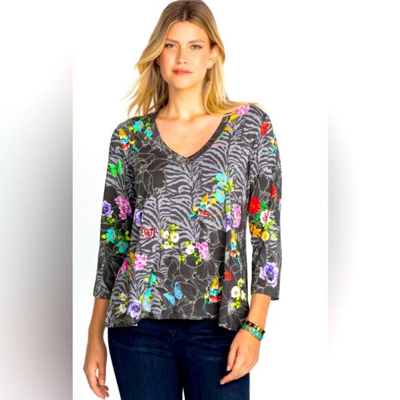 Johnny Was Favorite Zippy 3/4 Sleeve V Neck Swing Shirt Size Boho Floral Soft - Picture 1 of 9